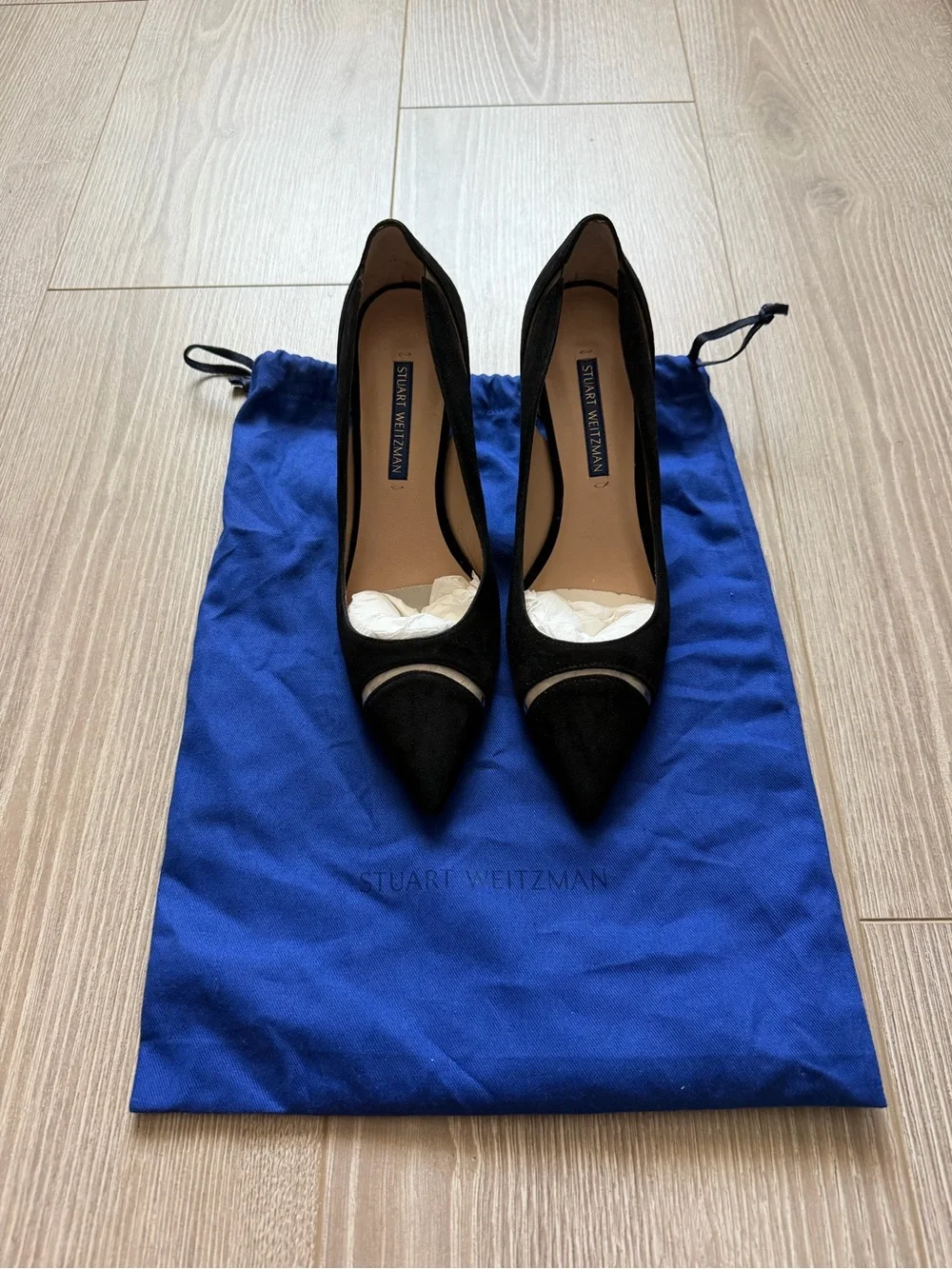Stuart Weitzman Davia 74 Pumps Black Suede and PVC sleek professional elegant